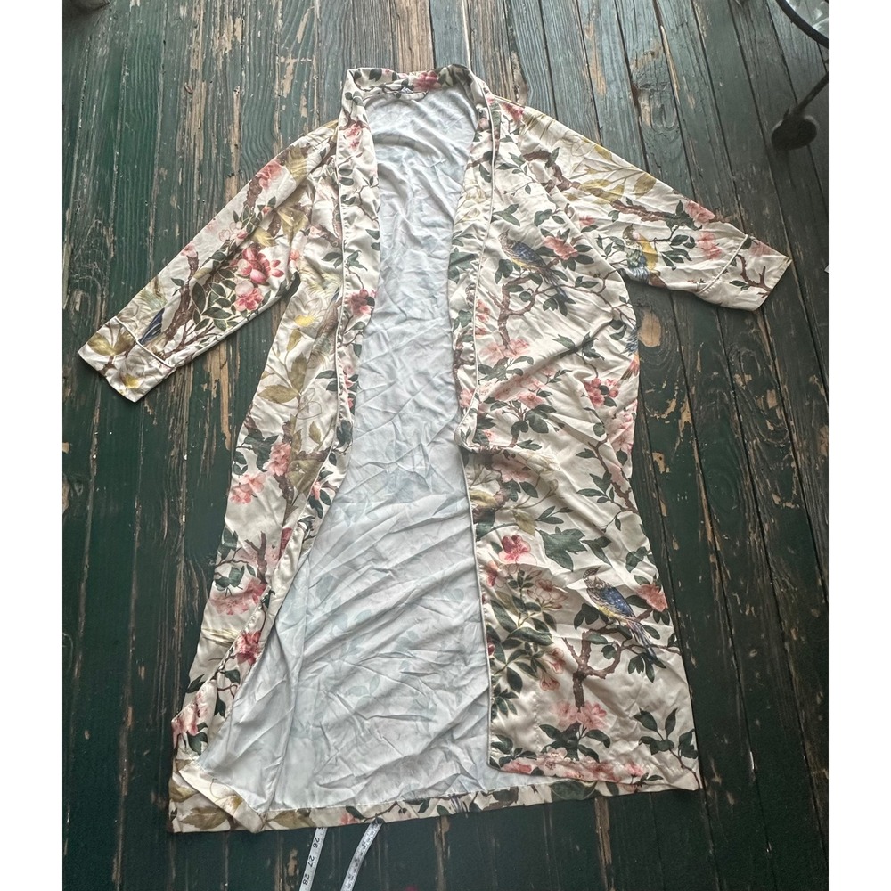Pottery Barn Floral Bird Print Long Robe Cream Pink Botanical Loungewear - Picture 1 of 8